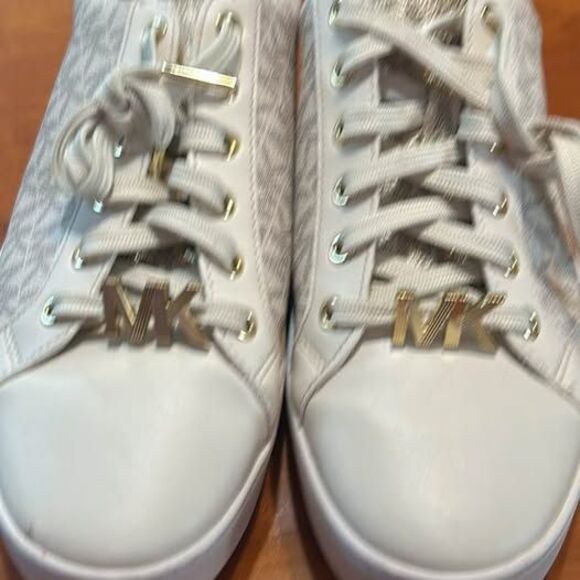 Michael Kors white MK logo sneakers with gold accents Size 9M - Picture 3 of 7